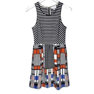 Harlyn Striped Artsy Print Fit to Flare Mini Dress in Black/White/Multicolor